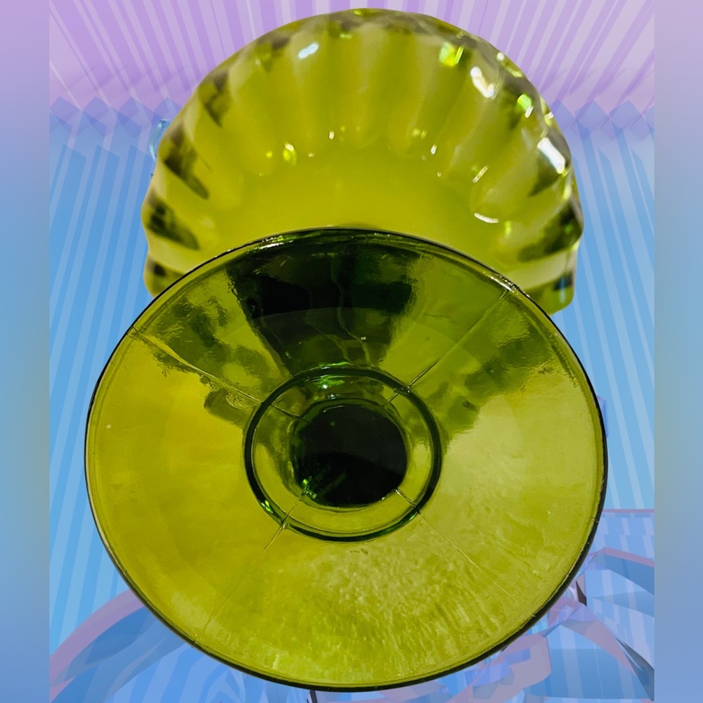 Indiana Glass Co Lotus Blossom Green Bowl/Compote with Pedestal, Carnival Glass - Picture 6 of 7